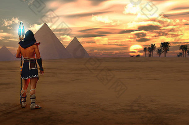 埃及金字塔、枣椰树和穿着古埃及服装的男子的3d计算机图形