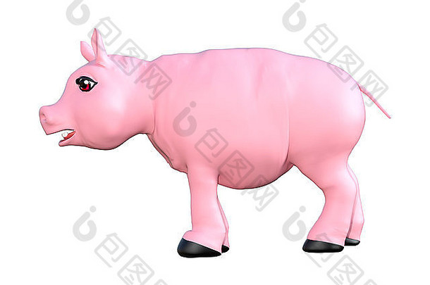 白色背景上隔离的粉色玩具猪的3D数字渲染