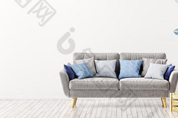 客厅的现代室内设计，灰色沙发和蓝色靠垫覆盖白色墙壁全景3d渲染