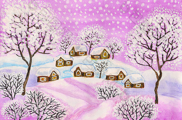 手工绘制的圣诞画，带有紫色房屋和树木的冬季景观，使用过的水彩画、水粉画、丙烯酸。