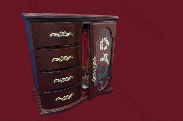 女士莫霍加尼珠宝盒，门敞开，红色天鹅绒背景