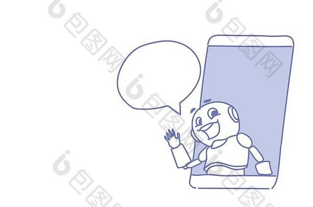 聊天机器人移动应用程序在线闲谈，聊天泡沫沟通支持服务概念现代机器人人工情报草图涂鸦水平