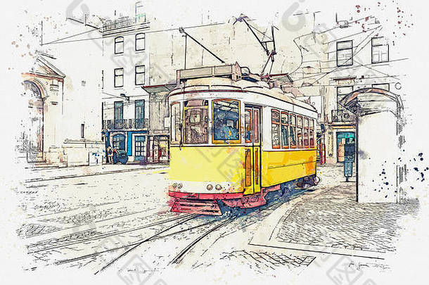 在葡萄牙里斯本，一辆传统的有轨电车沿街行驶，用水彩或插图进行素描。