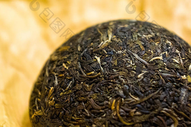 包装纸上的中国普洱茶，特写，宏观
