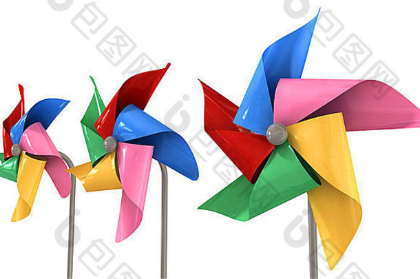 一组普通玩具风车，在孤立的白色背景上有五个不同颜色的叶片