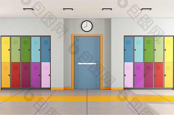 室内现代学校色彩斑斓的学生储物柜通过教室呈现