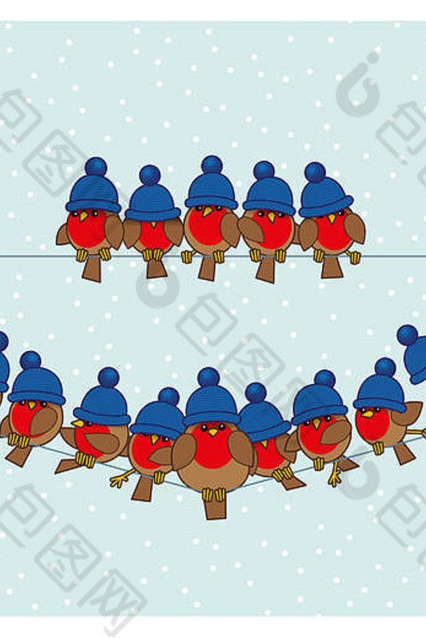许多罗宾红胸，戴着蓝色羊毛帽子，坐在一对电话线上，背景是下雪