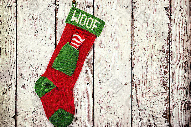 挂在复古白色木质背景上的狗圣诞长袜