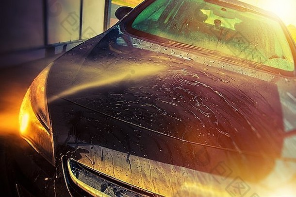 车辆车洗特写镜头照片高压力车身体清洁