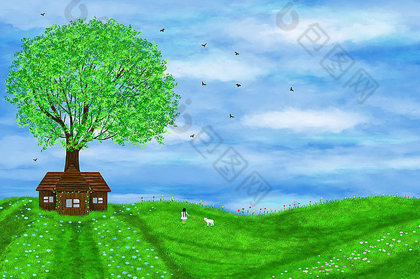 夏天插图女孩羊肉孤独的房子绿色树