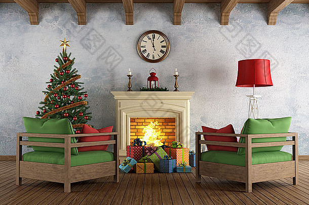 室内有壁炉、两把扶手椅、<strong>彩色</strong>礼品和复<strong>古风</strong>格的圣诞树-呈现