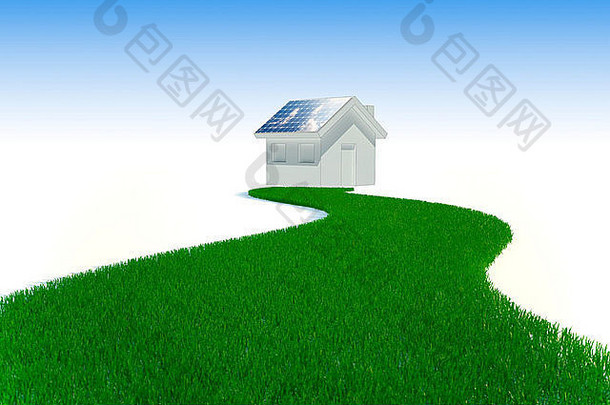 带太阳能电池板和草条的房屋-能源清洁概念
