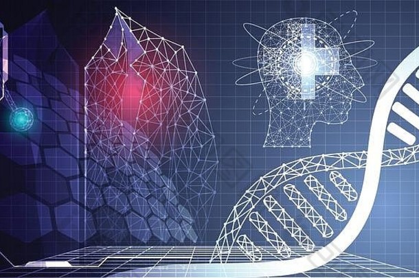 抽象技术科学概念医疗数据健康数字：医学分析要素人类、医生、DNA和未来六角体高<strong>科技创新</strong>