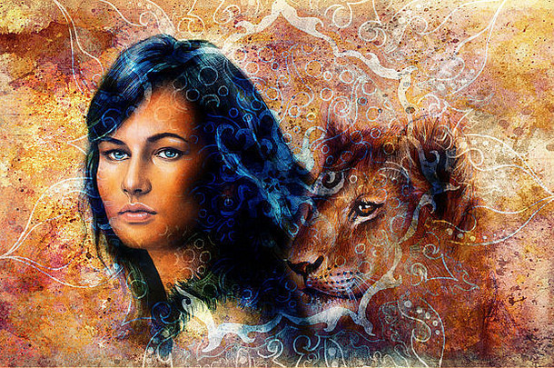 年轻的女人狮子幼崽女人肖像长黑暗头发蓝色的眼睛颜色绘画东方观赏曼荼罗眼睛联系