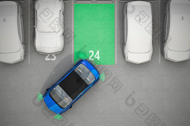 蓝色电动汽车驶入停车场，配备泊车辅助系统。三维渲染图像。