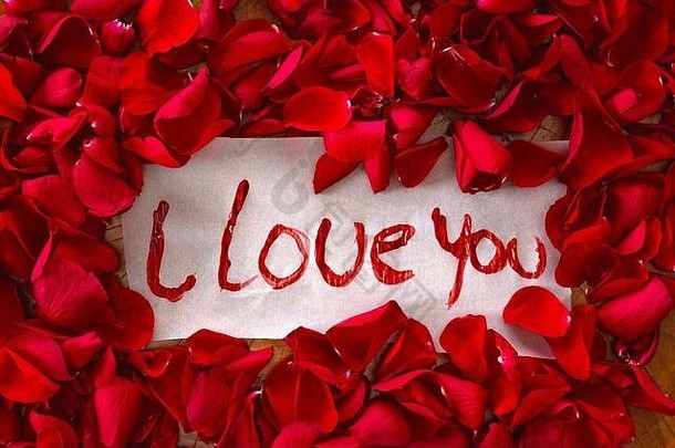 文本《我爱你》用红色玫瑰花瓣环绕，浪漫概念俯瞰情人节背景