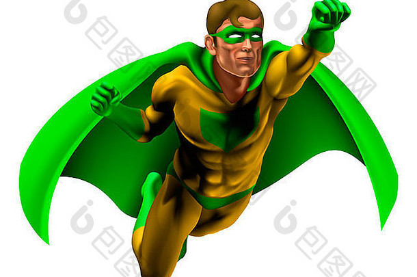 一个穿着黄绿色服装，披风在空中飞舞的神奇超级英雄的插图