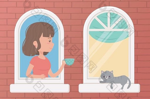 呆在家里，女人拿着咖啡杯，窗户里放着猫