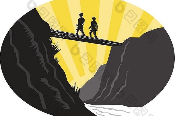 插图踩踏者徒步旅行者穿越深峡谷河单日志桥集内部椭圆形形状查看低角