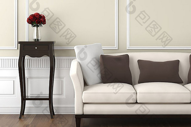 室内设计经典房间米色白色颜色沙发上表格花瓶玫瑰复制空间前一半