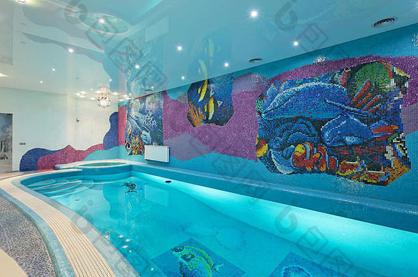 温泉游泳池设计，墙上镶嵌鱼和蓝色马赛克