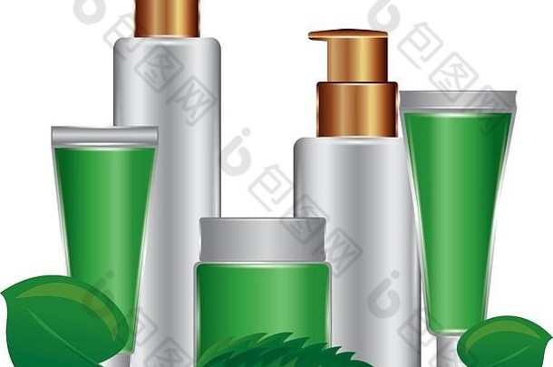 集合绿色白色容器化妆品护肤品