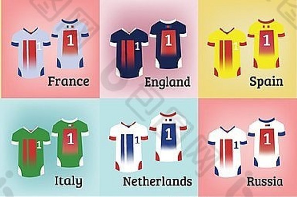 足球运动服套装。各种颜色的足球队T恤。彩色背景上的运动服装时尚插图。