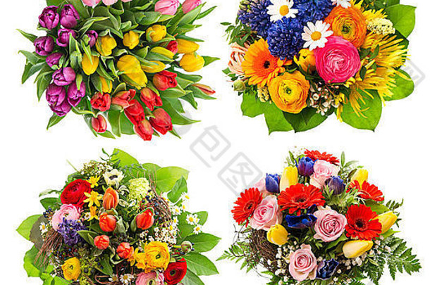 生日、婚礼、母亲节、复活节的四束彩色花束俯视图。多色排列