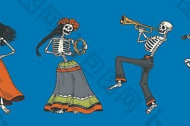 死亡日。墨西哥国定假日。西班牙语Dia de los Muertos的原始铭文。穿着服装的骷髅跳舞、拉小提琴、吹小号和弹吉他。手绘雕刻草图。