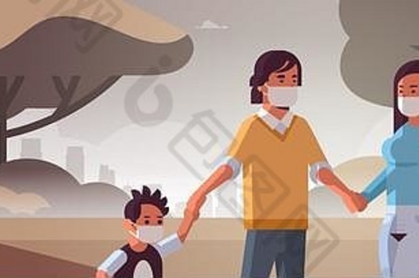 家庭戴口罩有毒气体空气污染工业烟雾污染环境概念父母和孩子户外行走肮脏烟雾