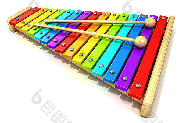 木琴彩虹彩色的键木鼓棒渲染孤立的白色背景木玩具percussio