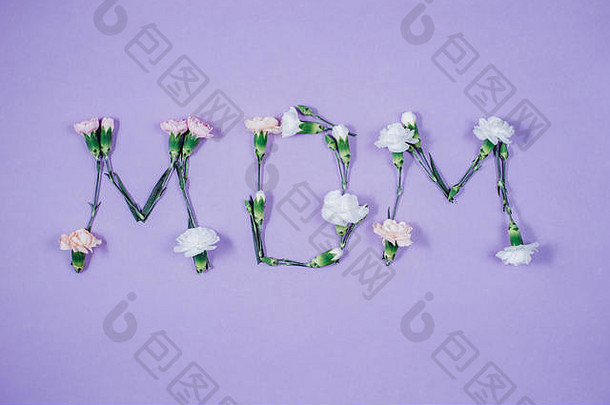 “妈妈”这个词由紫罗兰色背景上的春花组成。美丽的有创意的花卉构图。母亲节，妇女节。平放，顶v