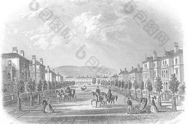 苏塞克斯。伊斯特本德文广场。Rock 1860古董复古印刷图片