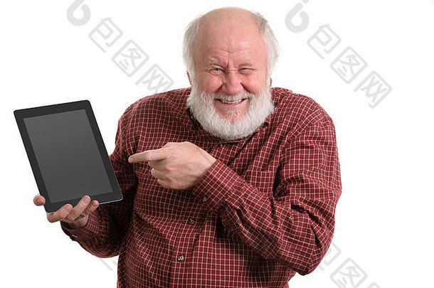 有趣的老人使用白色平板电脑