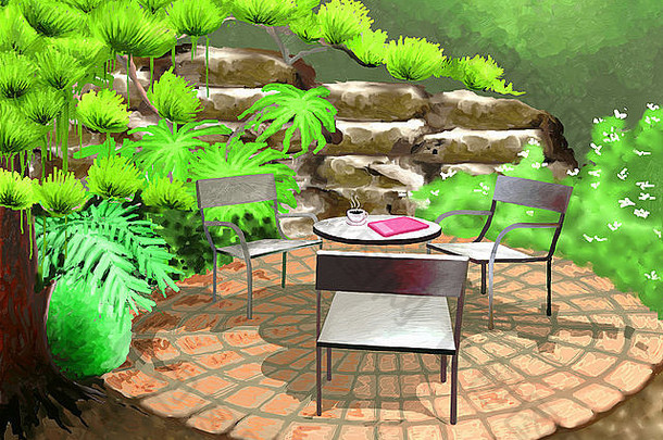 后院花园里的桌椅、一杯咖啡和一本书