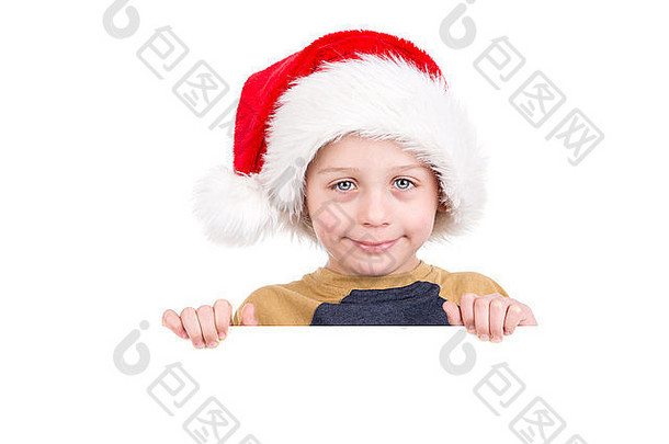 年轻的男孩肖像圣诞老人的他白色董事会孤立的白色