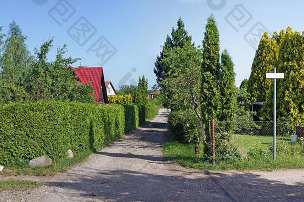 的角度来看视图路绿色篱笆标准可怜的欧洲村全景拼贴画夏天阳光明媚的一天照片
