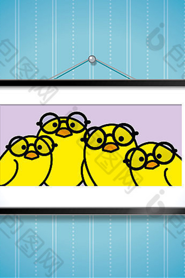 可爱的肖像黄色的小鸡家庭穿轮演出图片框架挂蓝色的壁纸背景
