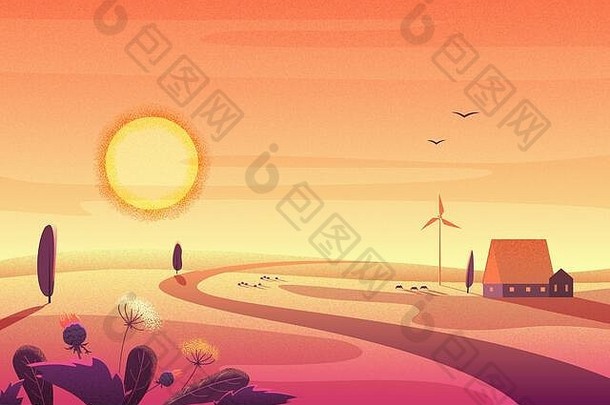 日落中的太阳能乡村景观，小山，小房子，风力涡轮机。电影噪音电影风格插图