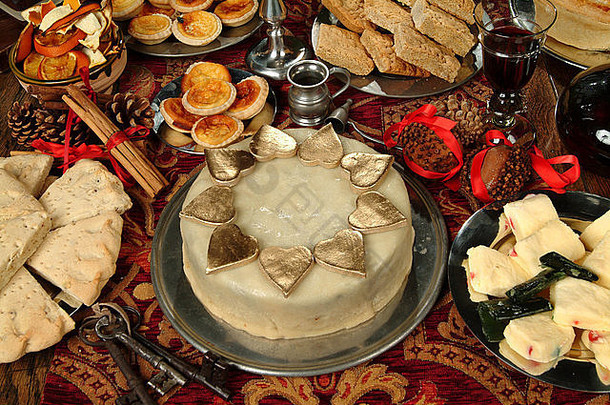世纪食物都铎王朝的期杏仁糖蛋糕heartshape装饰薄派斯圆形圣诞节