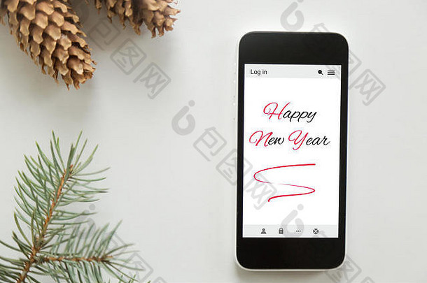手机顶视图，屏幕上显示新年快乐