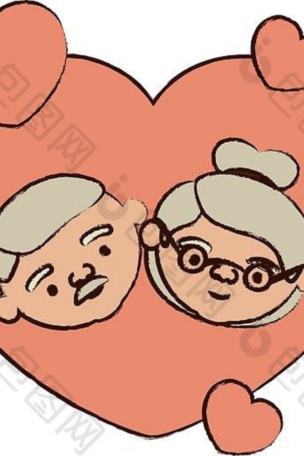 用彩色心形贺卡装饰着满脸胡须的祖父和戴眼镜留着浓密头发的祖母的漫画脸
