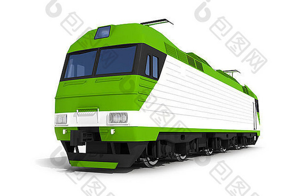 渲染插图孤立的白色的角度来看视图现代绿色电机车
