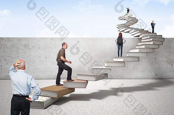 3d书籍楼梯和不同的人在上面
