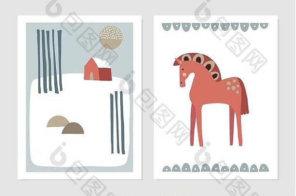 集圣诞节斯堪的那维亚问候卡片邀请摘要冬天雪景观红色的房子树观赏瑞典马