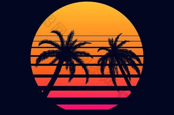 复古的日落橙色粉红色的晚上射线设置太阳棕榈树背景
