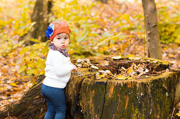 可爱的女孩坐在秋天的森林里，站着。