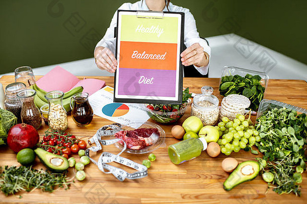 营养师促进健康的平衡吃坐着表格完整的variuos产品