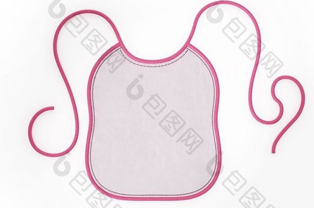 白色背景上隔离的粉红色婴儿围裙。三维插图。