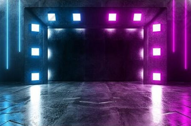 霓虹灯激光发光的充满活力的紫色的<strong>蓝色</strong>的黑暗空混凝土难看的东西湿房间阶段讲台上展示外星人科技网络虚拟车库仓库工作室